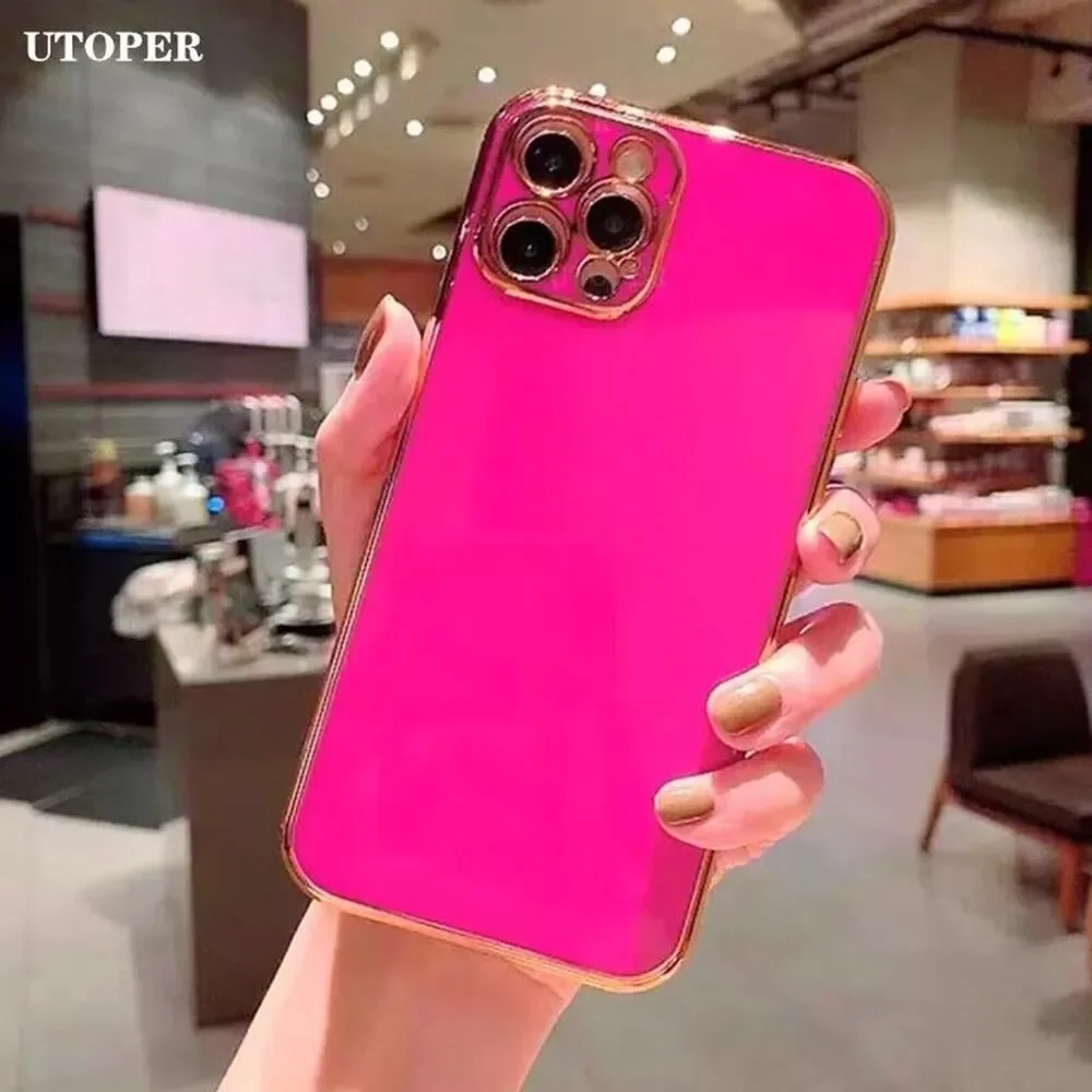 Luxury iPhone Case Neon Bright Hot Pink Gold Silicone Cover 13 Pro Max NEW